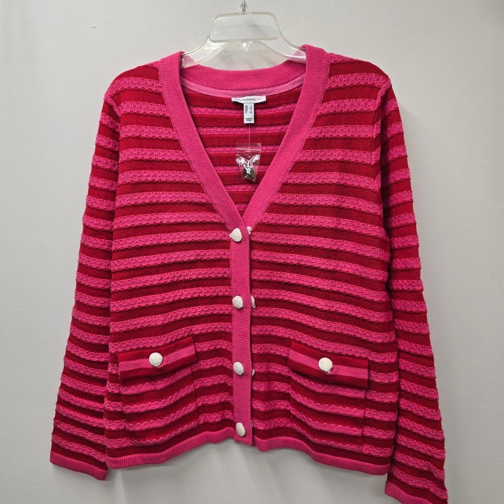 Isaac Mizrahi Live! Womens Pink Red Striped Knit V-Neck Button Cardigan L